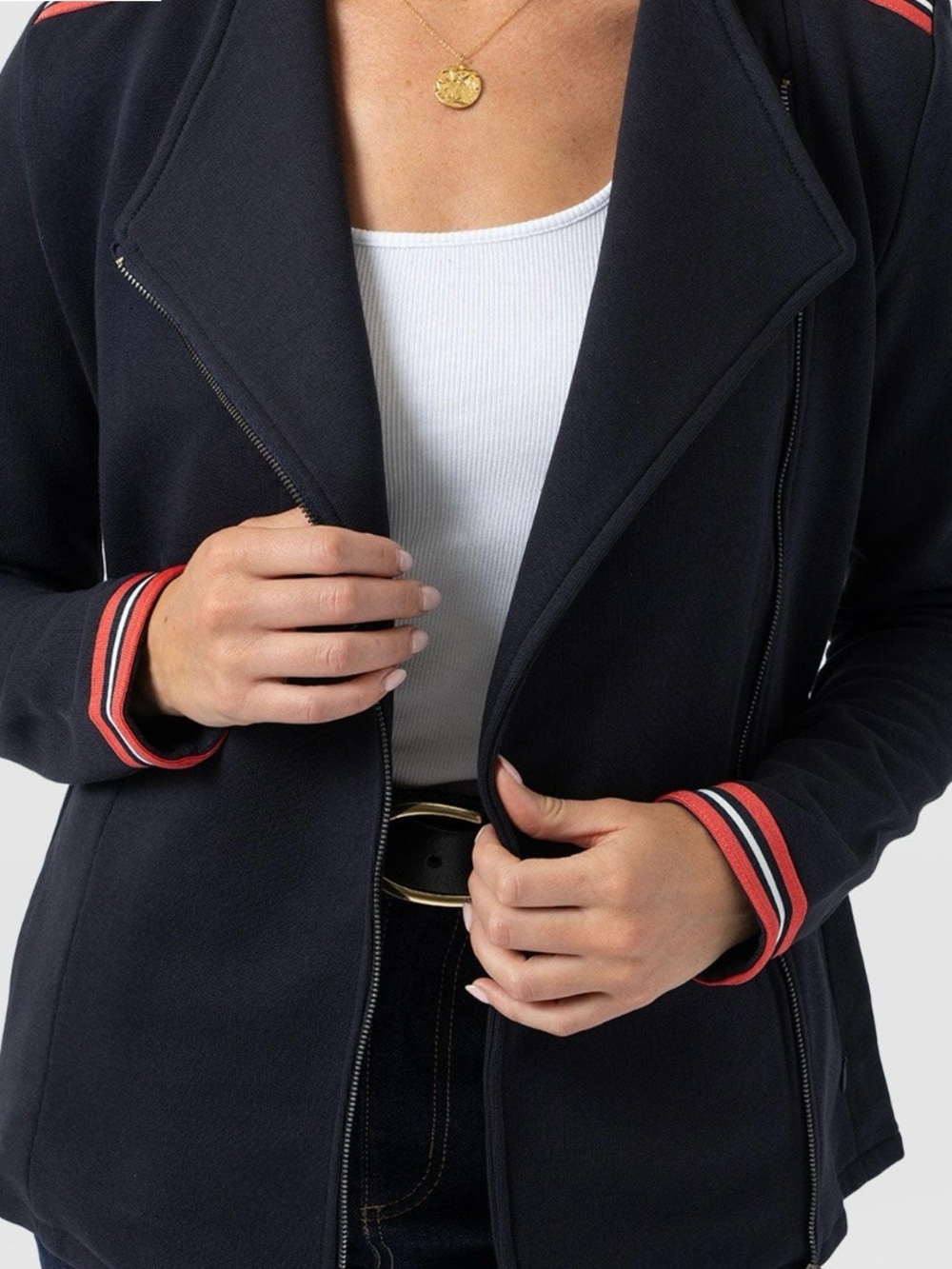 Women's Navy Zip-Front Blazer with Red Contrast Trim